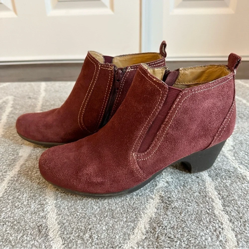 SoftSpots Burgundy Suede Leather Ankle Booties with Small Heel